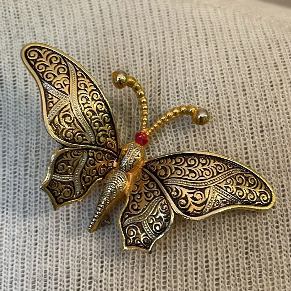 Vintage Damascene Butterfly Pin - Brooch Filigree Design Marked Spain